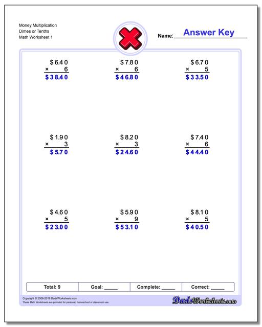 Multiplication Worksheet Money Dimes or Tenths