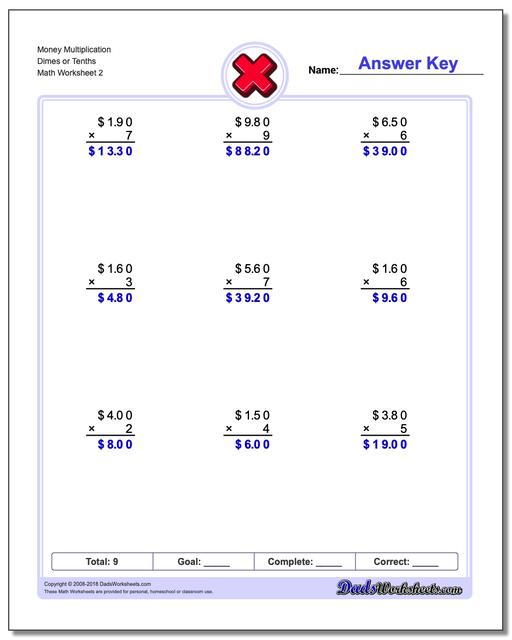 Money Multiplication Worksheet Dimes or Tenths www.dadsworksheets.com/worksheets/multiplication.html