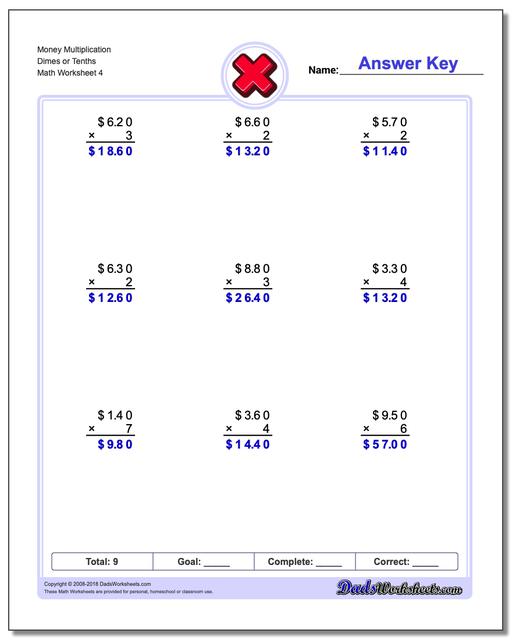 Money Multiplication Worksheet Dimes or Tenths