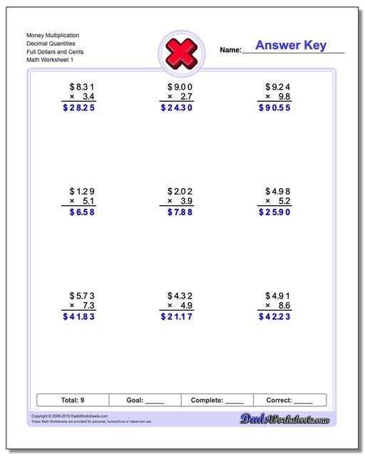 Multiplication Worksheet Money Decimal Quantities Full Dollars and Cents