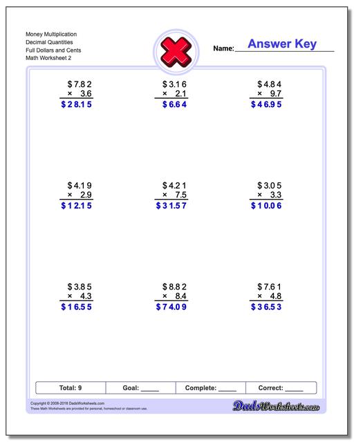 Money Multiplication Worksheet Decimal Quantities Full Dollars and Cents www.dadsworksheets.com/worksheets/multiplication.html