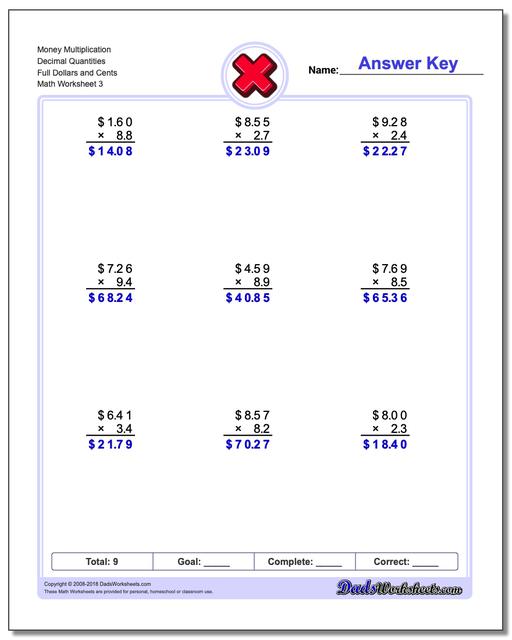 Money Multiplication Worksheet Decimal Quantities Full Dollars and Cents