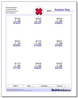 Money Multiplication Worksheet Decimal Quantities Full Dollars and Cents