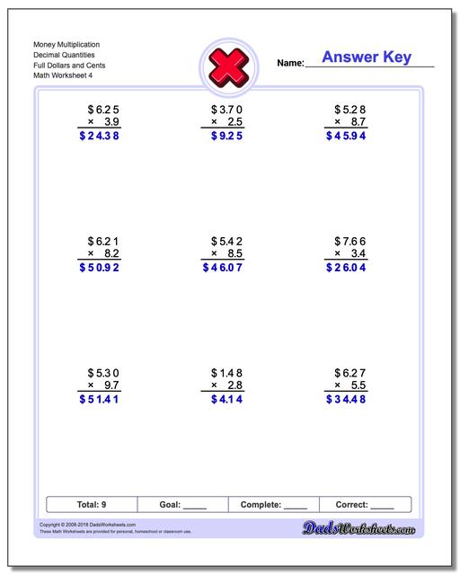 Money Multiplication Worksheet Decimal Quantities Full Dollars and Cents