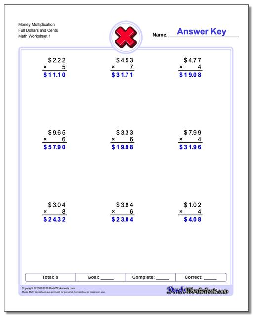 Multiplication Worksheet Money Full Dollars and Cents