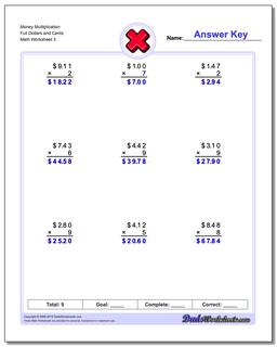 Money Multiplication Worksheet Full Dollars and Cents