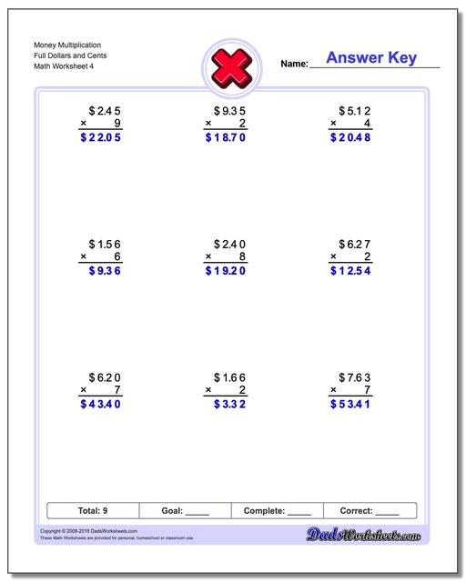 Money Multiplication Worksheet Full Dollars and Cents