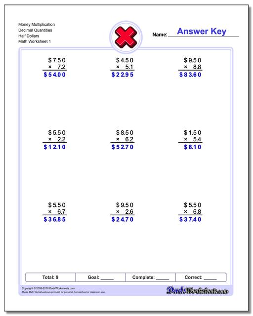 Multiplication Worksheet Money Decimal Quantities Half Dollars