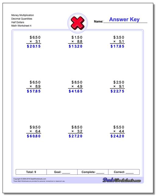 Money Multiplication Worksheet Decimal Quantities Half Dollars
