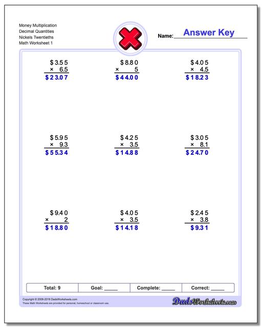 Multiplication Worksheet Money Decimal Quantities Nickels Twentieths