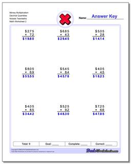 Money Multiplication Worksheet Decimal Quantities Nickels Twentieths /worksheets/multiplication.html