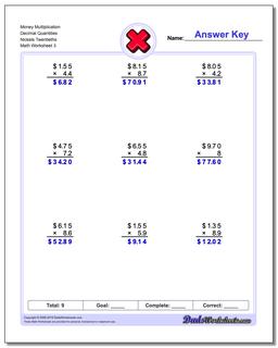 Money Multiplication Worksheet Decimal Quantities Nickels Twentieths