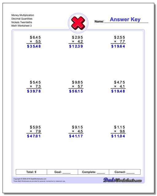 Money Multiplication Worksheet Decimal Quantities Nickels Twentieths