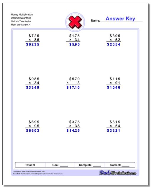 Money Multiplication Worksheet Decimal Quantities Nickels Twentieths