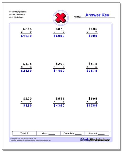 multiplication worksheets multiplication with money