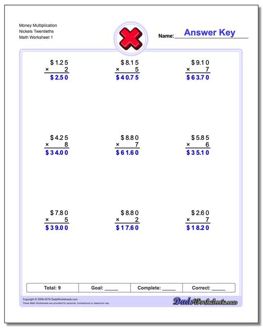 Multiplication Worksheet Money Nickels Twentieths