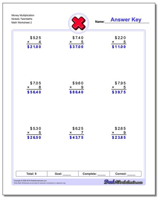 Money Multiplication Worksheet Nickels Twentieths www.dadsworksheets.com/worksheets/multiplication.html