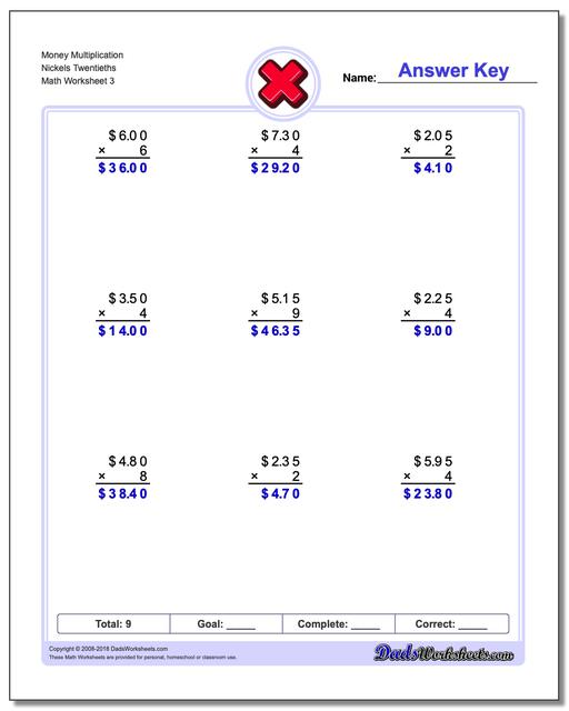 Money Multiplication Worksheet Nickels Twentieths