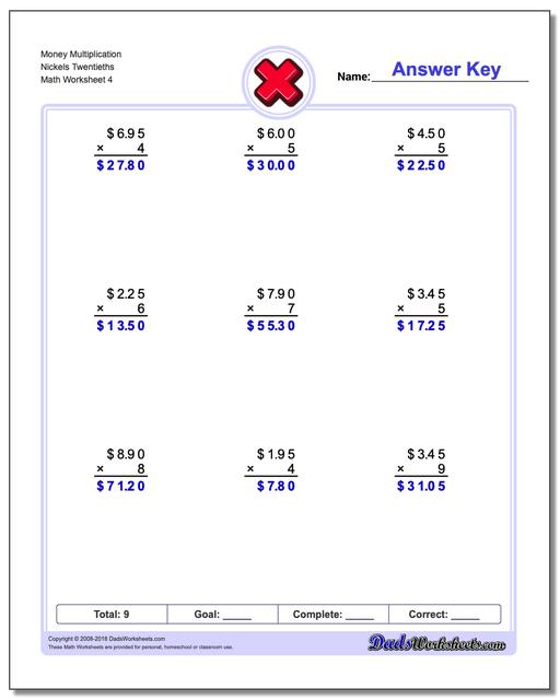 Money Multiplication Worksheet Nickels Twentieths