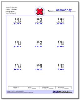 Money Multiplication Worksheet Decimal Quantities Quarter Dollars /worksheets/multiplication.html