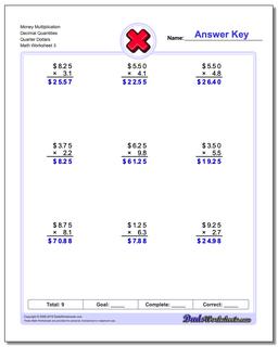 Money Multiplication Worksheet Decimal Quantities Quarter Dollars