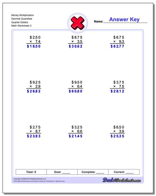 Money Multiplication Worksheet Decimal Quantities Quarter Dollars