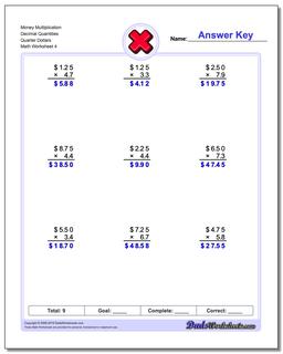 Money Multiplication Worksheet Decimal Quantities Quarter Dollars