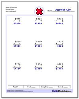 Money Multiplication Worksheet Quarter Dollars