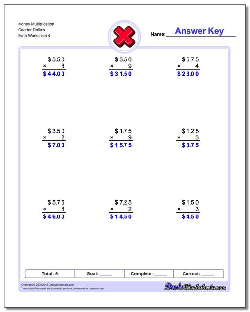 Money Multiplication Worksheet Quarter Dollars