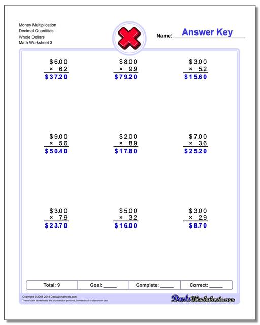 Money Multiplication Worksheet Decimal Quantities Whole Dollars