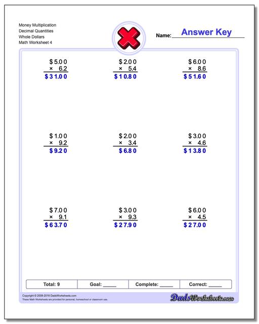 Money Multiplication Worksheet Decimal Quantities Whole Dollars