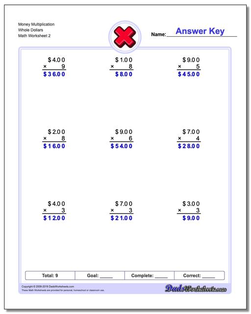 Money Multiplication Worksheet Whole Dollars www.dadsworksheets.com/worksheets/multiplication.html