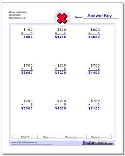 Money Multiplication Worksheet Whole Dollars