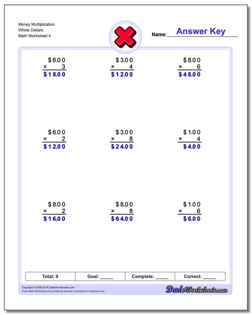 Money Multiplication Worksheet Whole Dollars