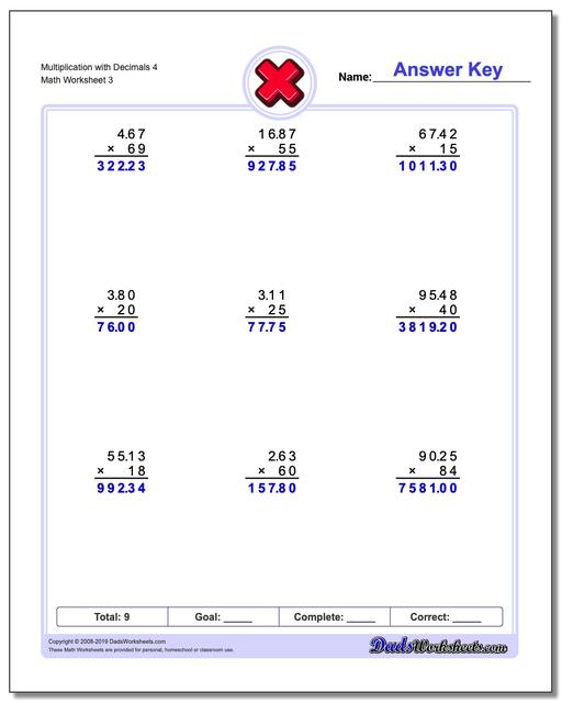 Multiplication Worksheets: Multiplication with Decimals