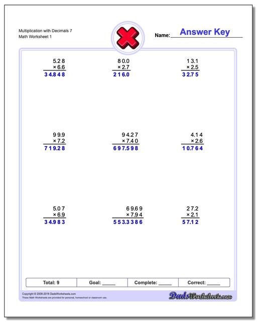 Multiplication Worksheet with Decimals 7