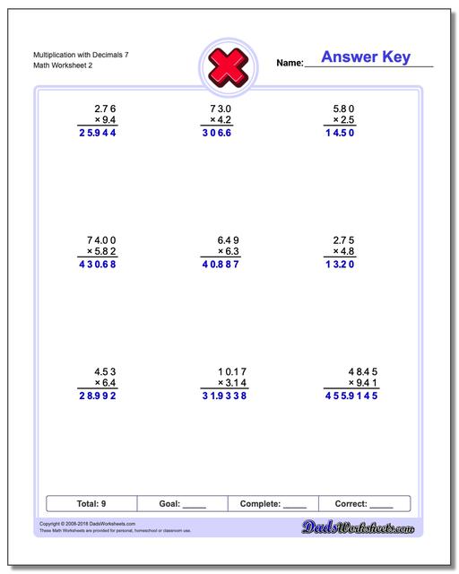 Multiplication Worksheet with Decimals 7 www.dadsworksheets.com/worksheets/multiplication.html