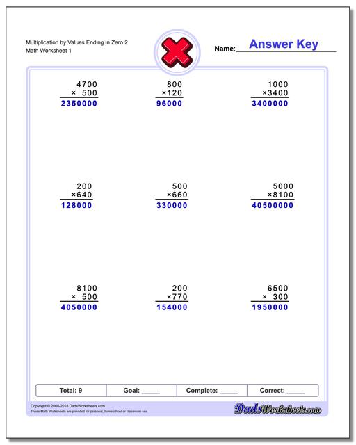 Multiplication Worksheet by Values Ending in Zero 2