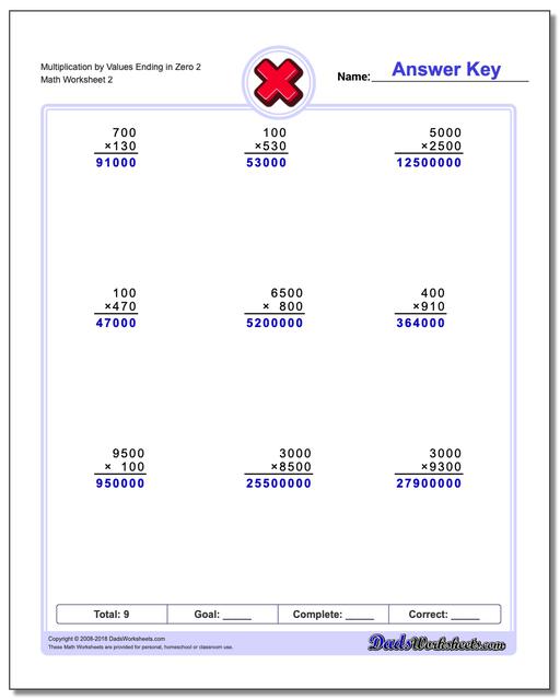Multiplication Worksheet by Values Ending in Zero 2 www.dadsworksheets.com/worksheets/multiplication.html
