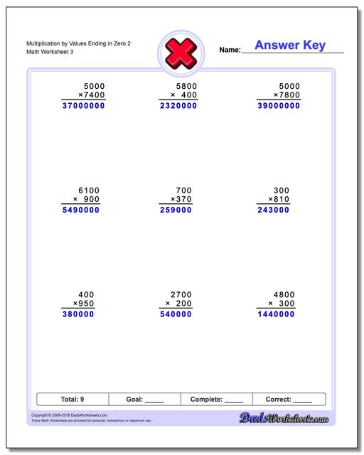 Multiplication Worksheet by Values Ending in Zero 2