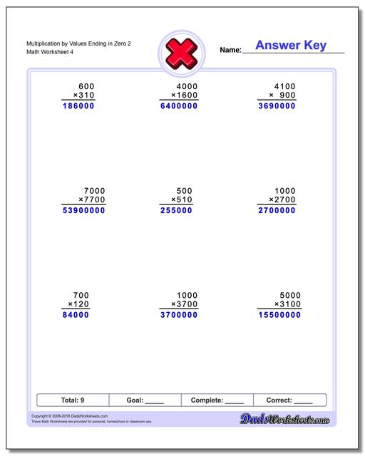 Multiplication Worksheet by Values Ending in Zero 2