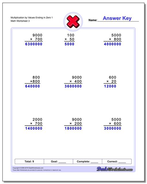 Multiplication Worksheet by Values Ending in Zero 1