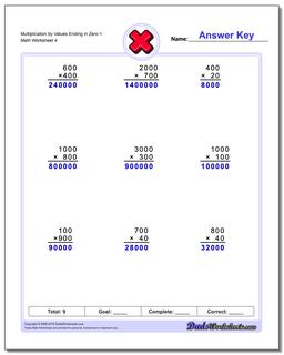 Multiplication Worksheet by Values Ending in Zero 1