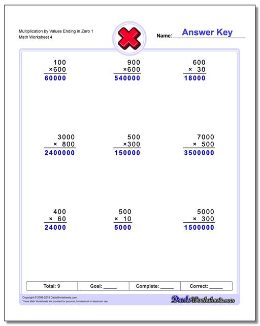 Multiplication Worksheet by Values Ending in Zero 1