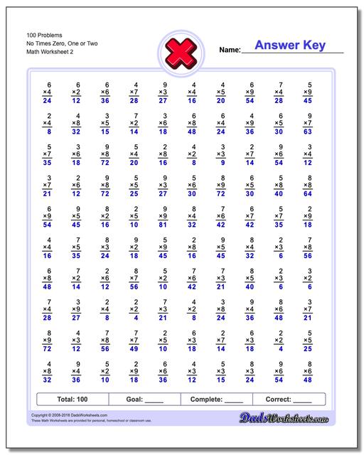100 Problems Worksheet No Times Zero, One or Two www.dadsworksheets.com/worksheets/multiplication.html