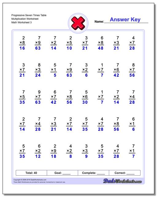 Progressive Seven Times Table Multiplication Worksheet