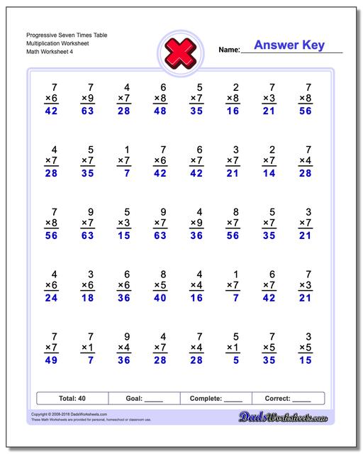 Progressive Seven Times Table Multiplication Worksheet