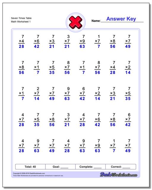 Seven Times Table Multiplication Worksheet