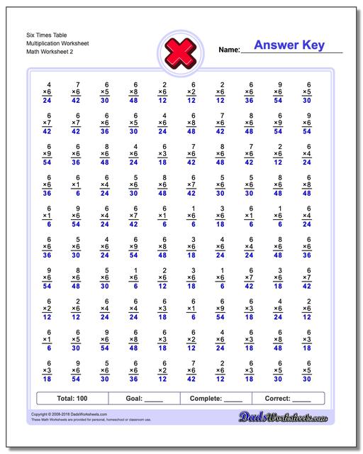 Six Times Table Multiplication Worksheet www.dadsworksheets.com/worksheets/multiplication.html