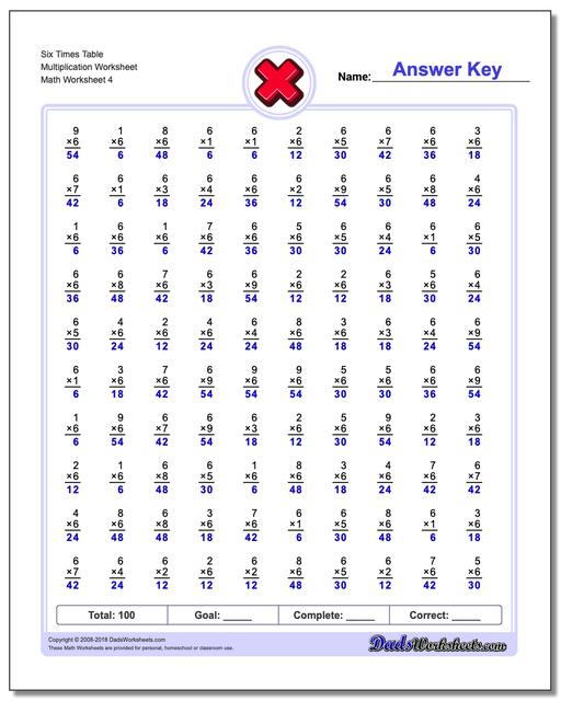 Six Times Table Multiplication Worksheet